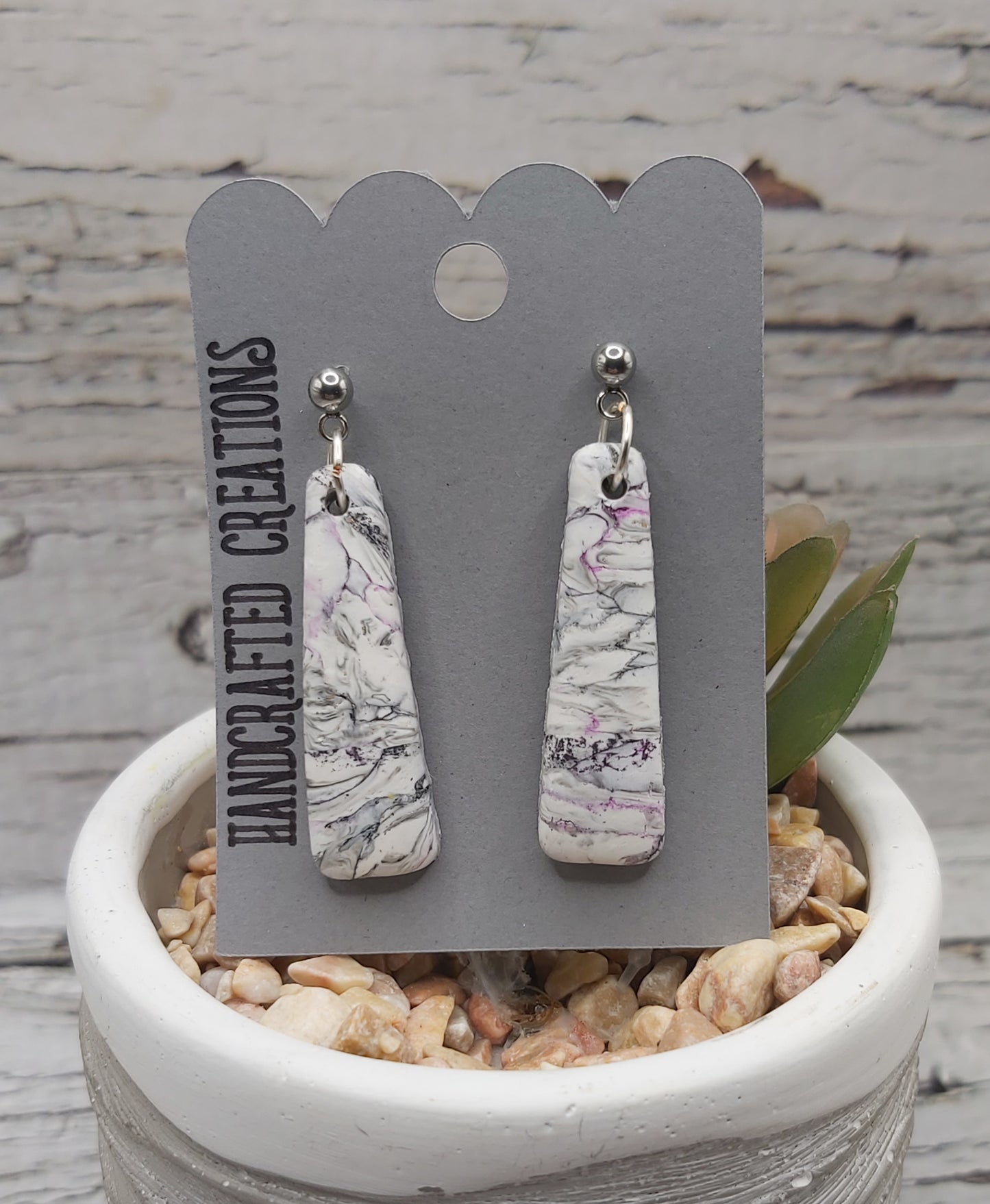 Polymer Clay Dangle Earrings- White with Purple and Black Accents