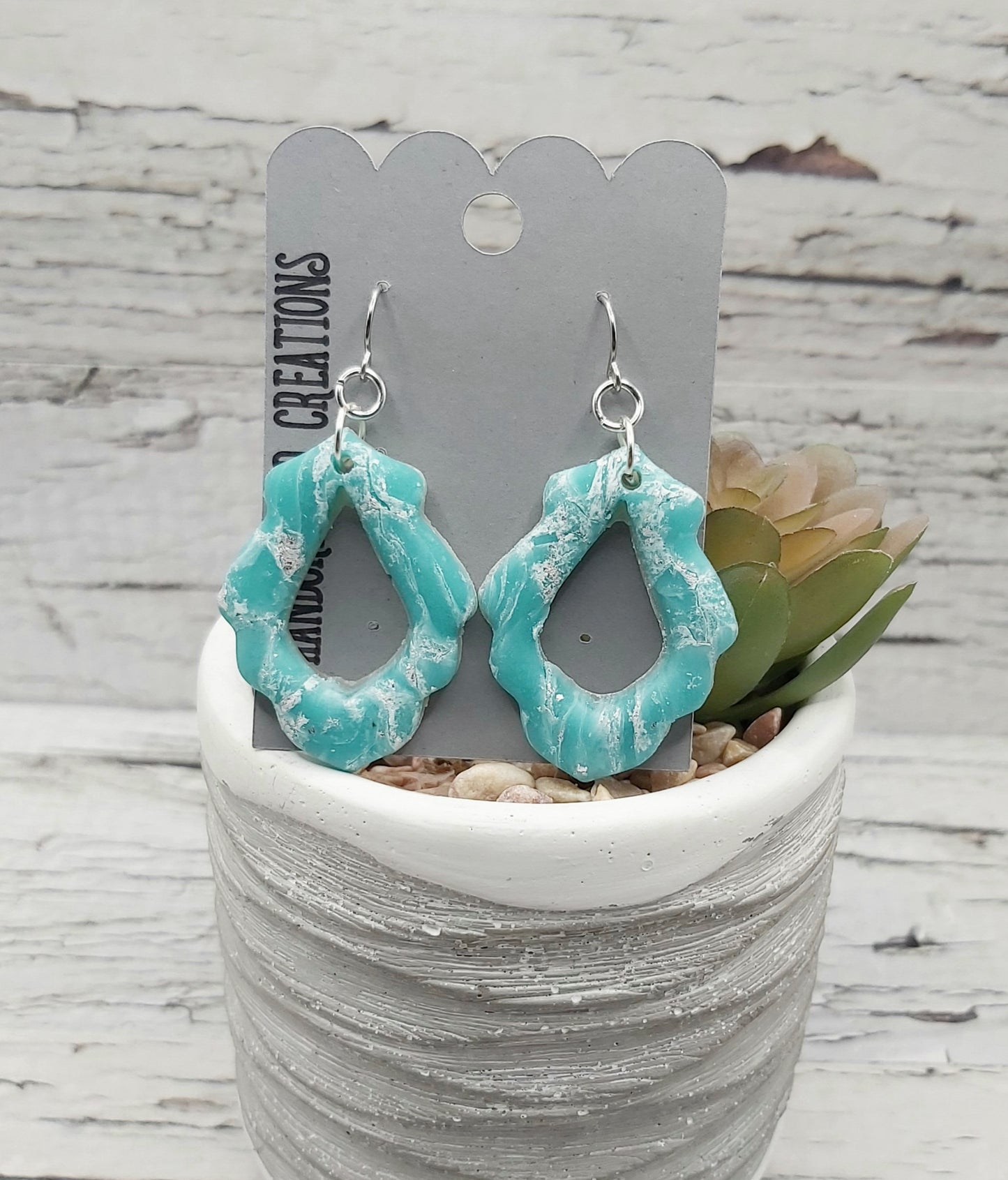 Polymer Clay Dangle Earrings- Aqua Green with White Accents and Silver Foil