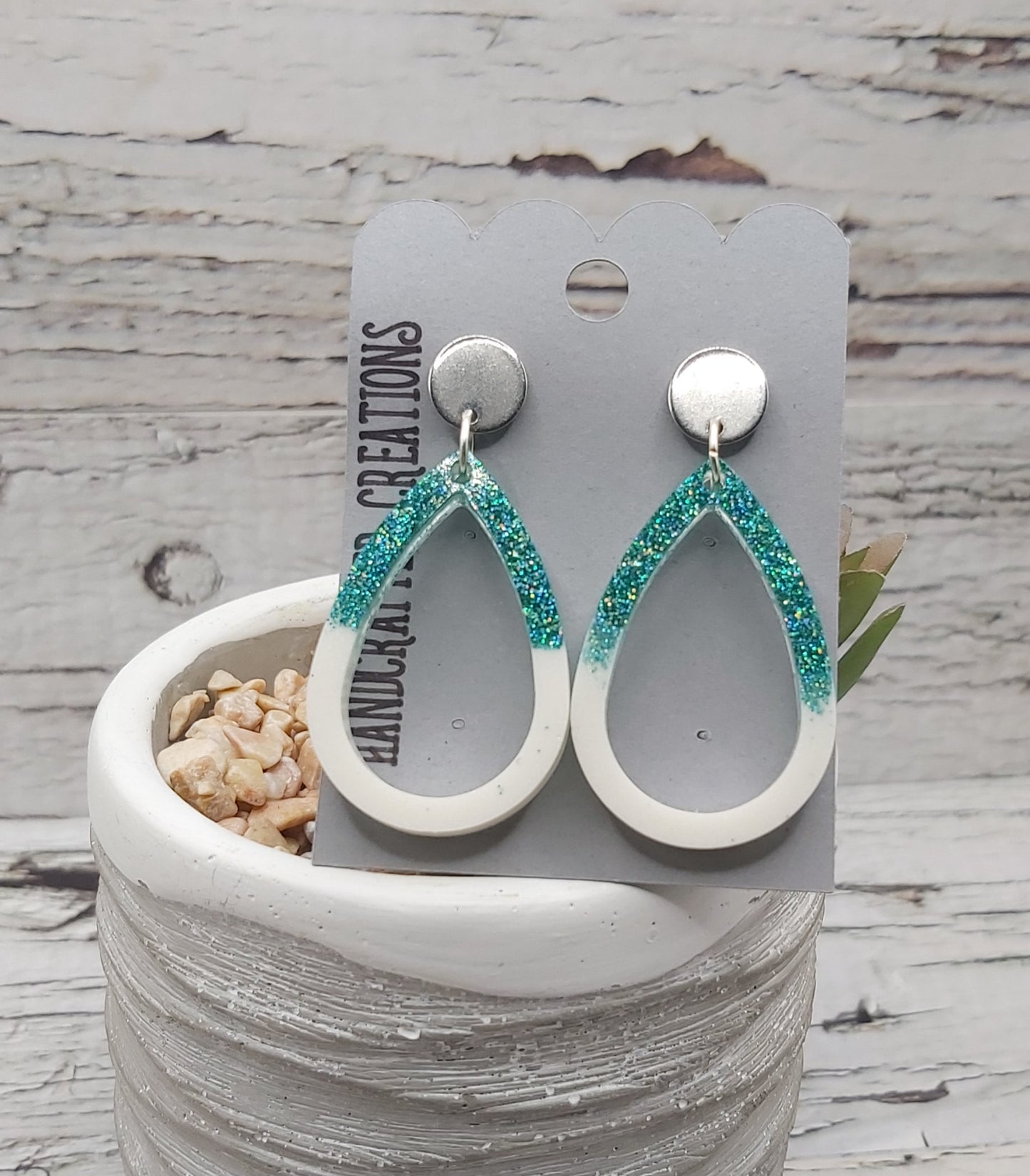 Resin Tear Drop Earrings-Turquoise Green Glitter and White