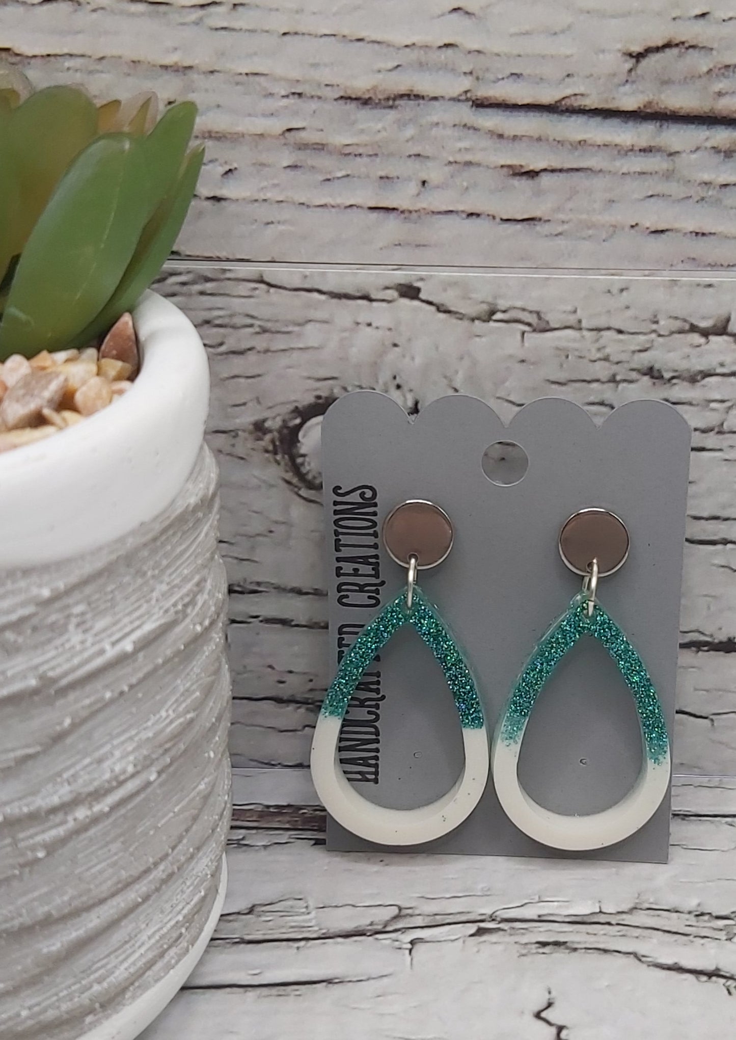 Resin Tear Drop Earrings-Turquoise Green Glitter and White