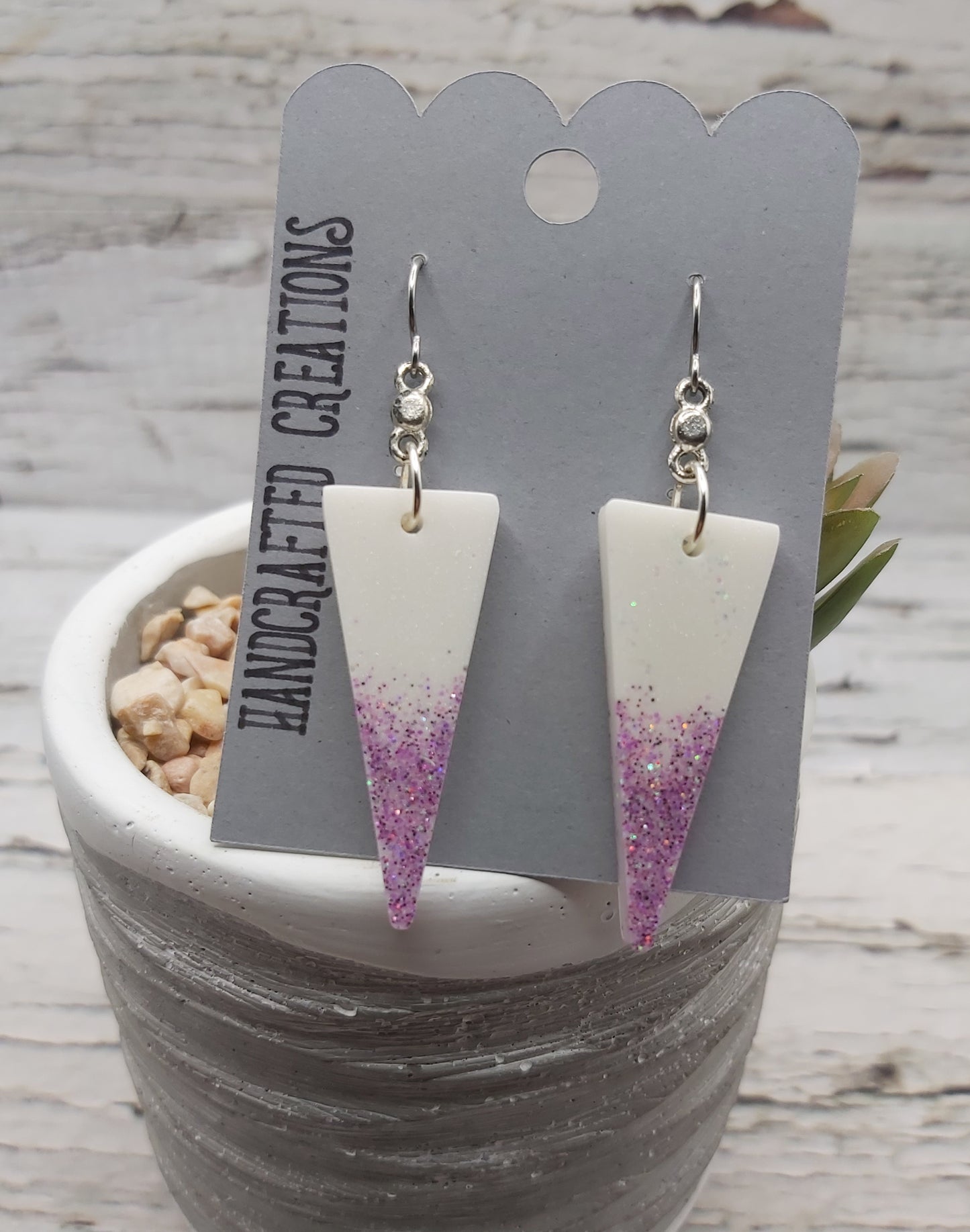 Triangle Shaped Resin Earrings- White with Pinkish Purple Glitter