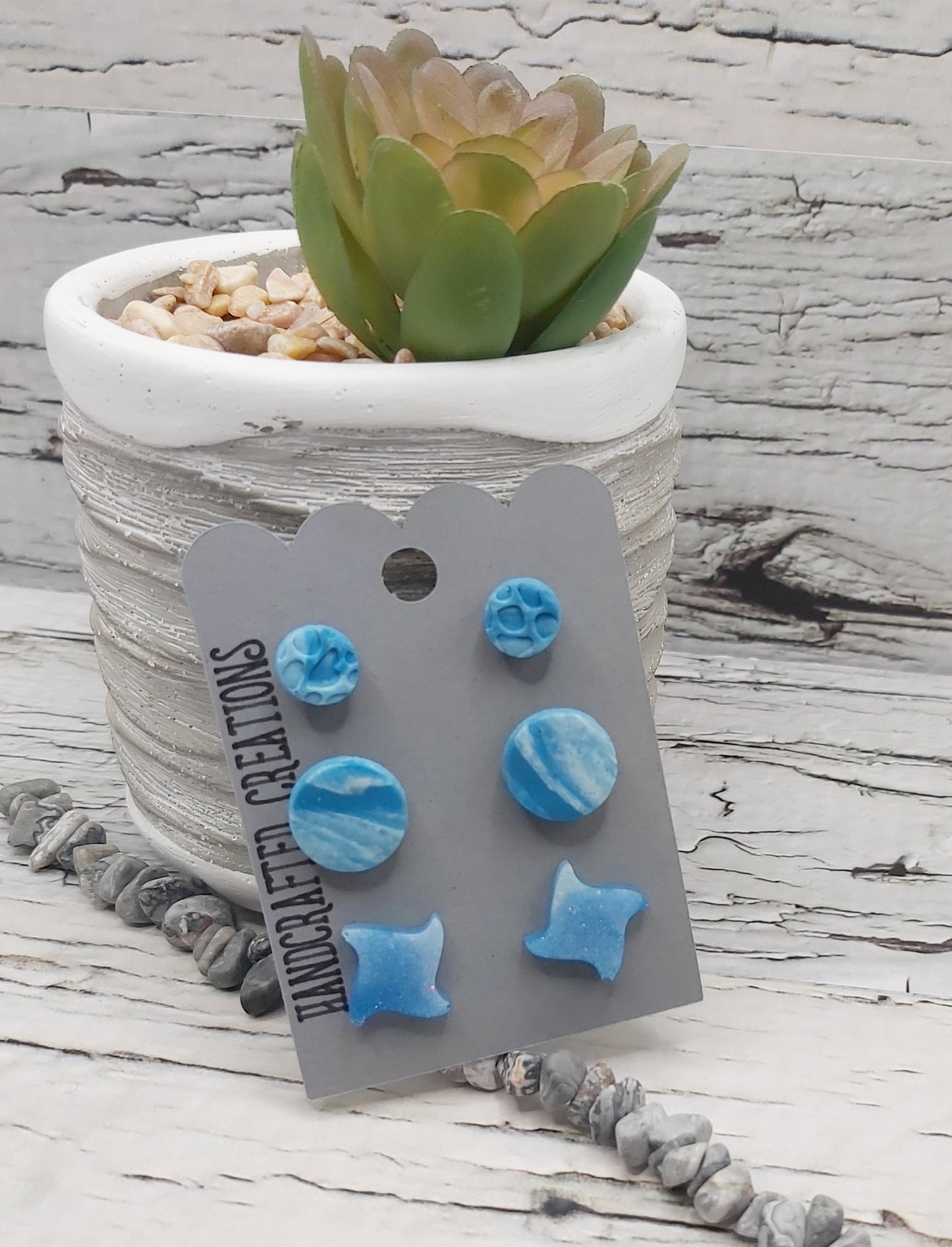 3 Pack Blue Studs- Resin and Polymer Clay