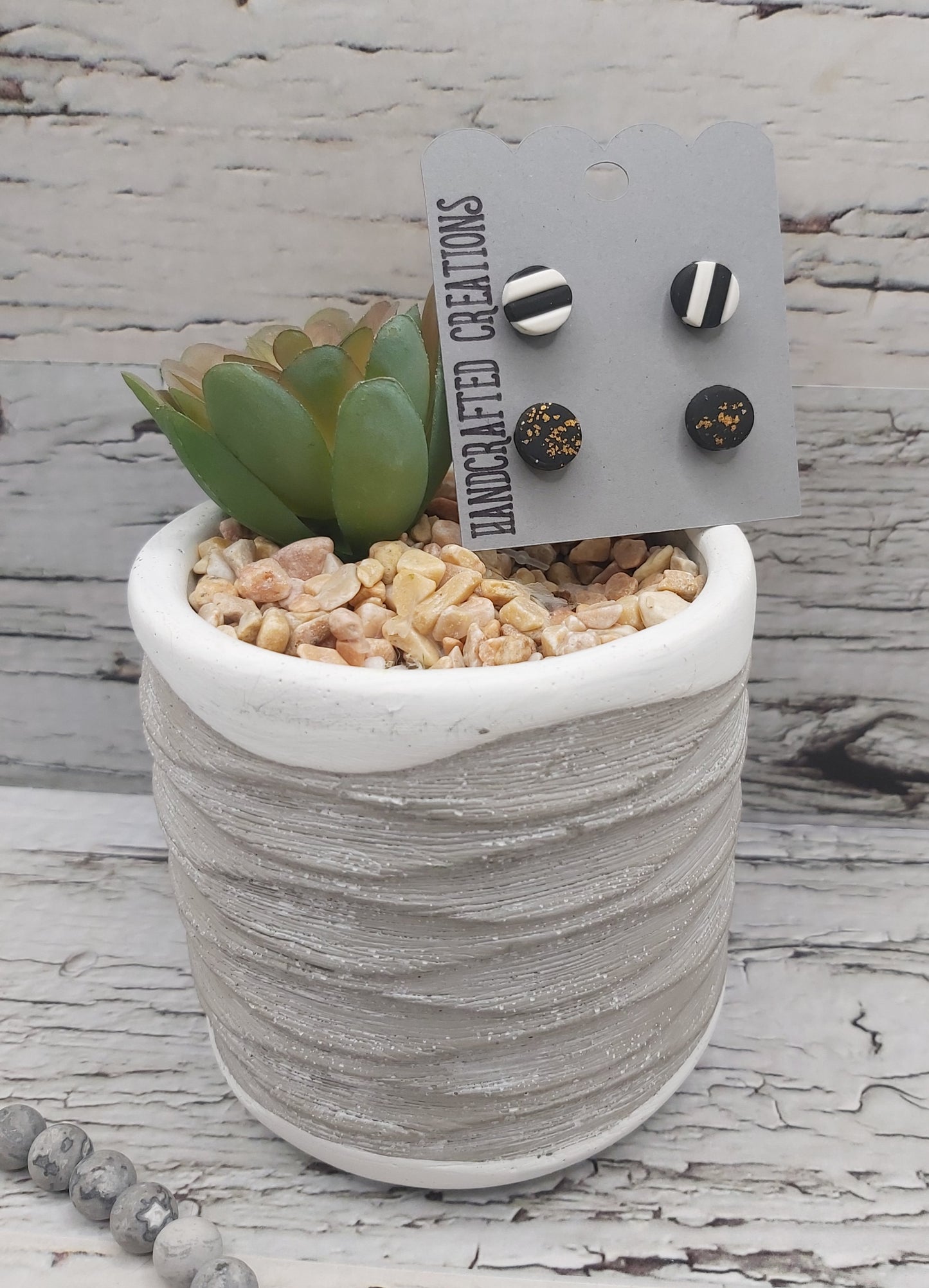 2 Pairs Polymer Clay Studs- Black and White Stripe, Black with Gold Foil Accents