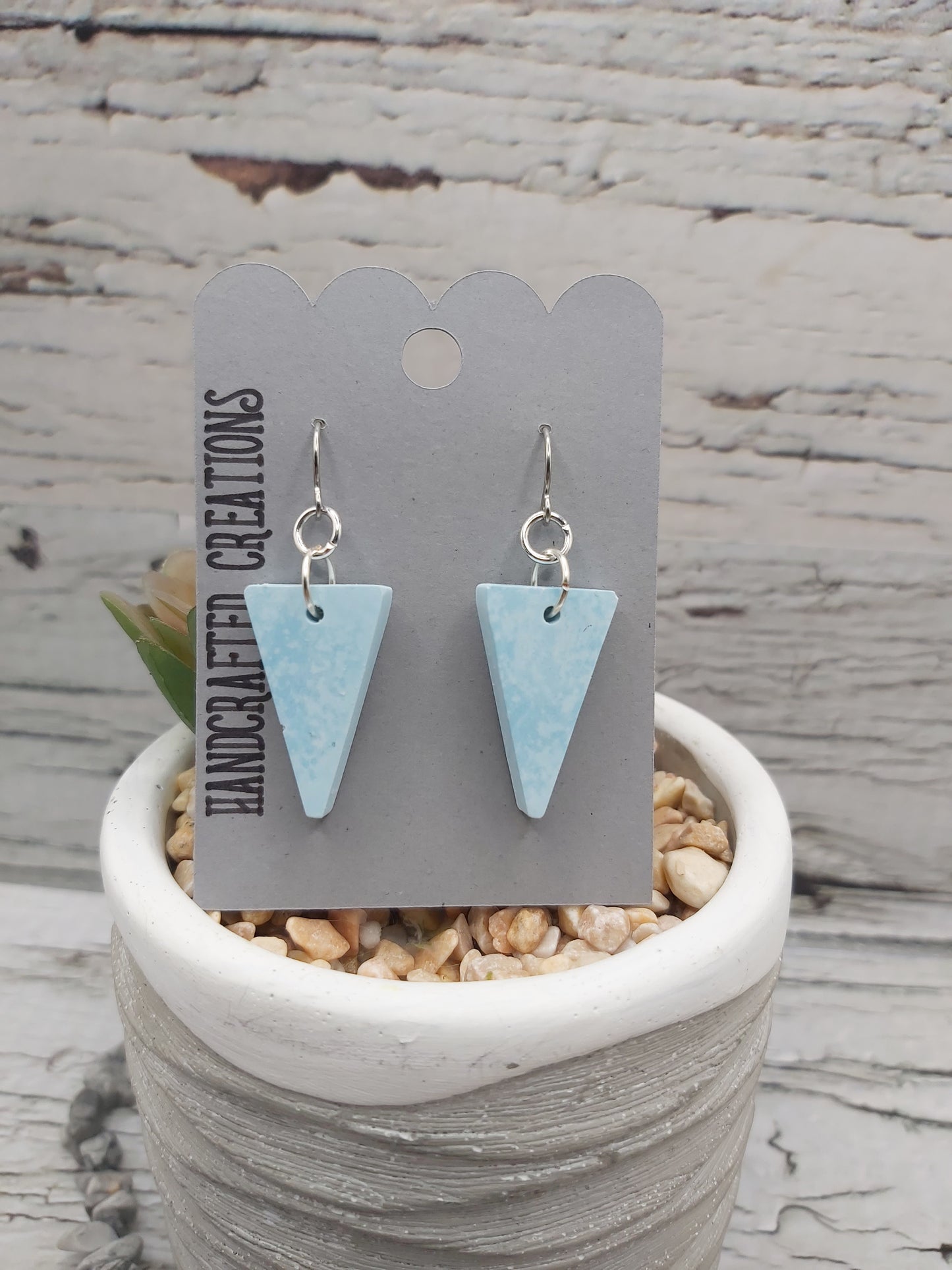 Greenish Blue and White Ceramic Resin Triangle Earrings