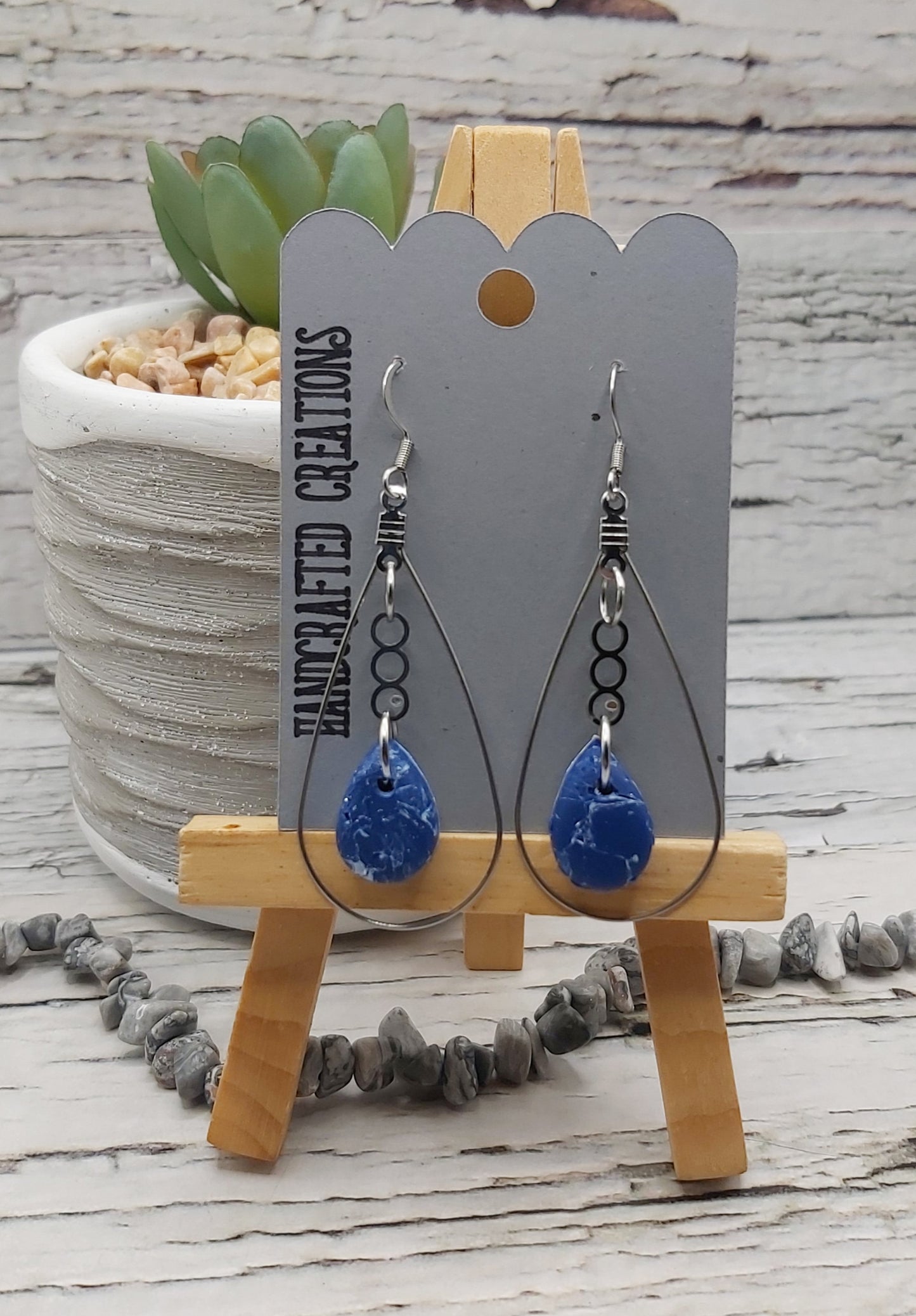 Stainless Steel Teardrop with Blue Polymer Clay Dangle Earrings