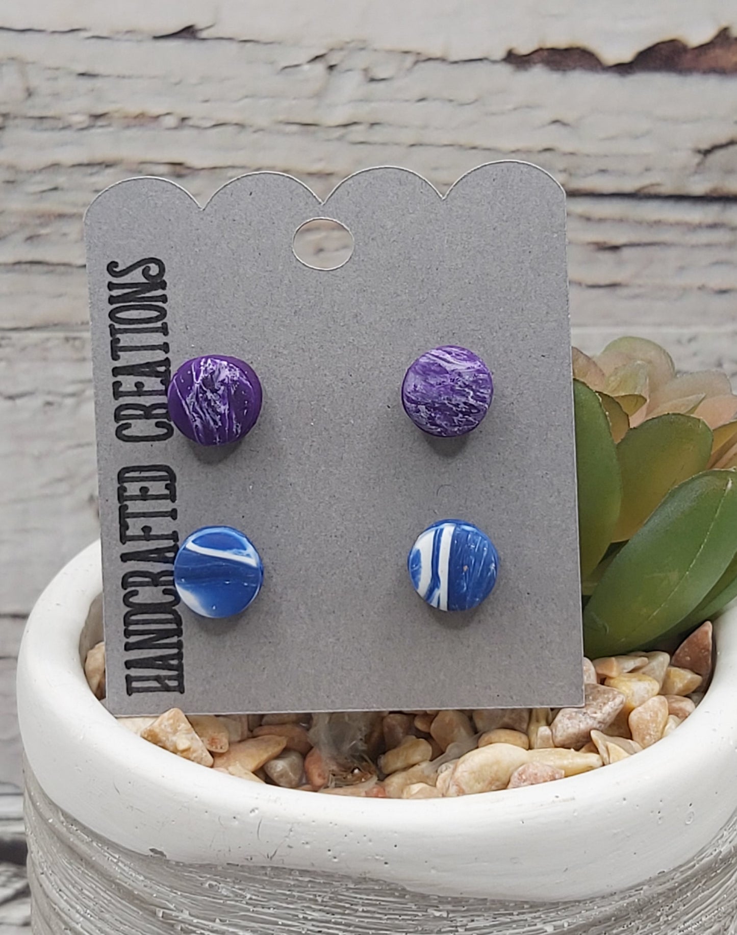 2 Pairs Polymer Clay Studs- Purple Marble and Blue and White Marble