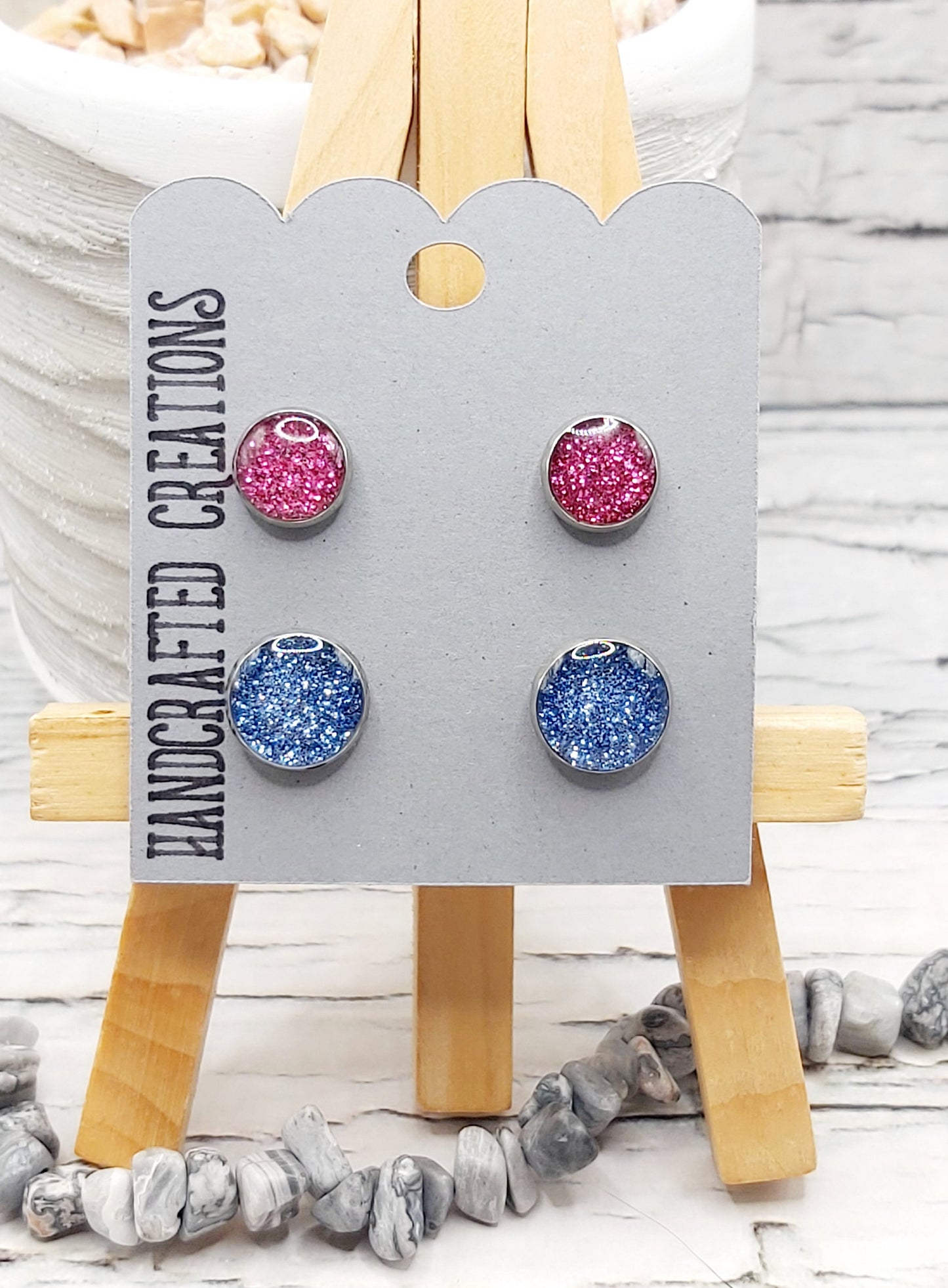 Glitter and Resin Studs- Pink and Blue