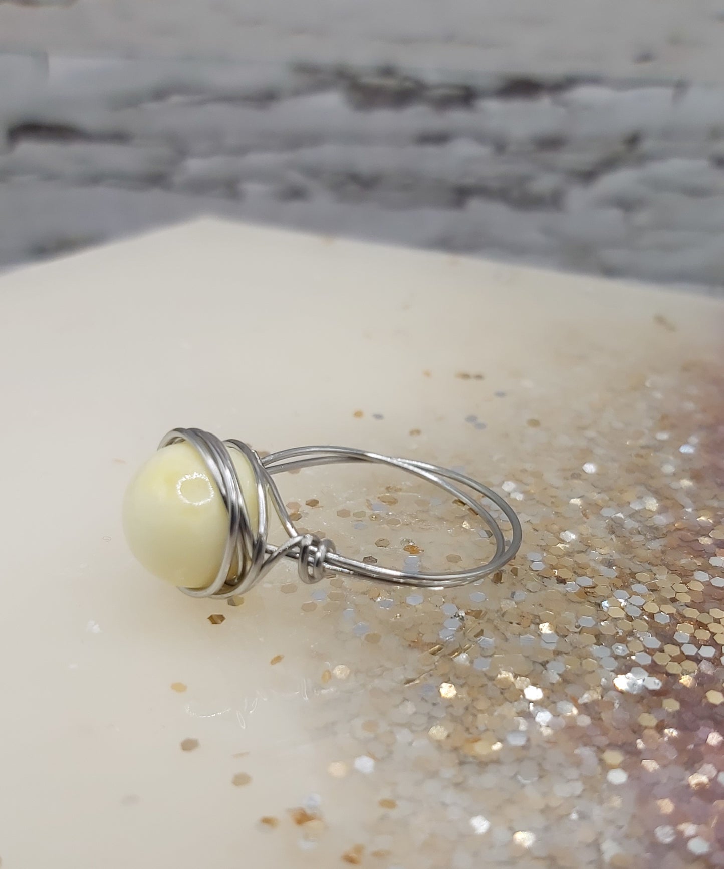Pale Yellow Wire Wrapped Ring- Stainless Steel Wire. Size 7.5