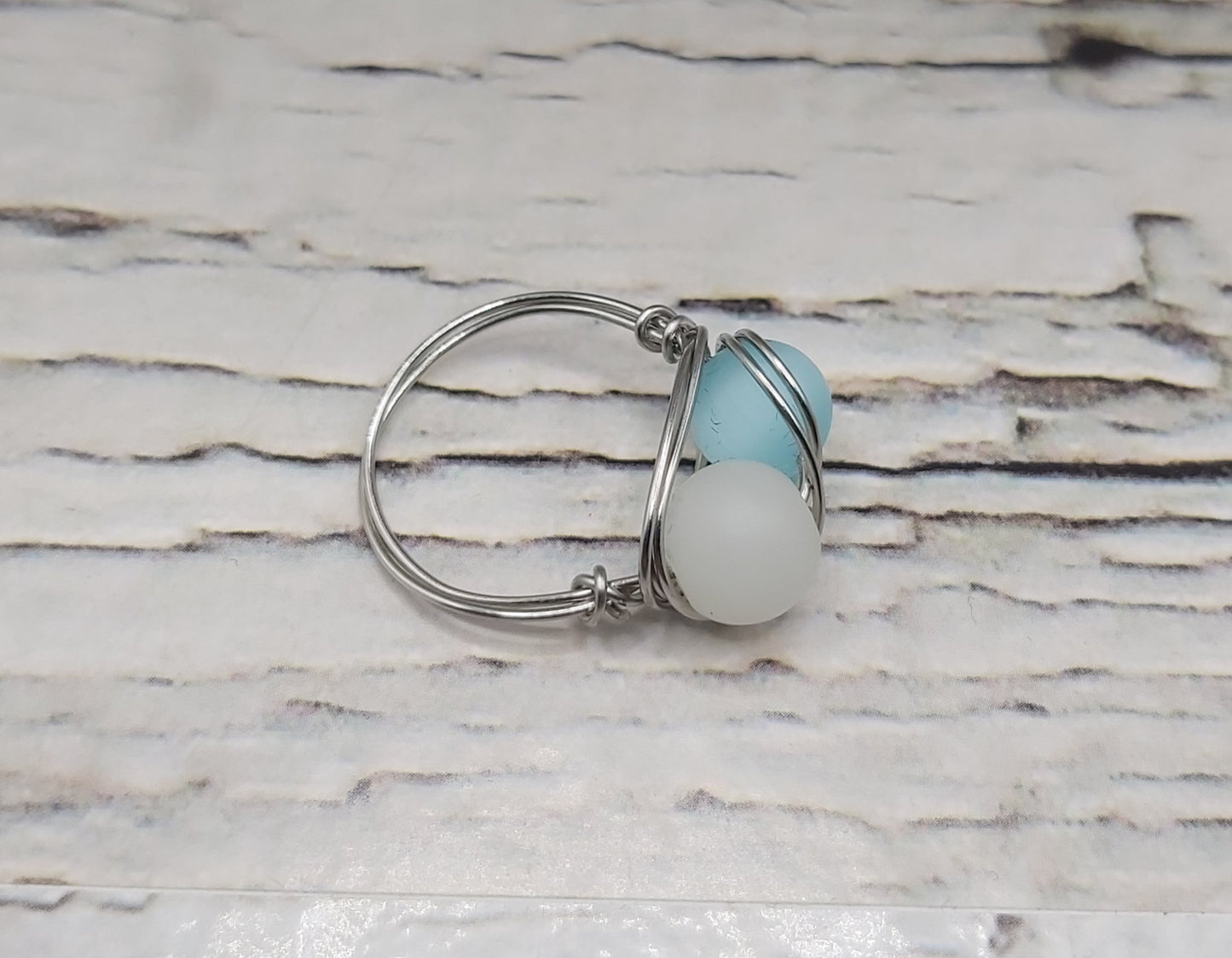 Wire Wrapped Ring- Stainless Steel Wire With Frosted Beads. Size 7