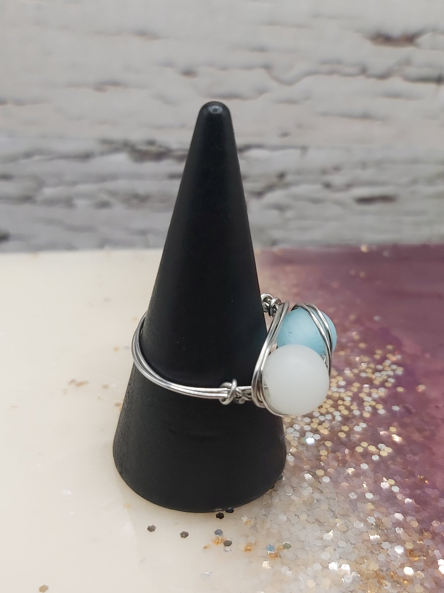 Wire Wrapped Ring- Stainless Steel Wire With Frosted Beads. Size 7
