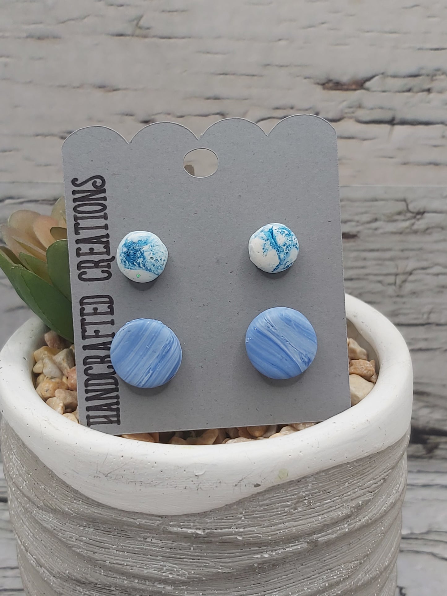 Polymer Clay Studs- Light Blue, White/Dark Teal Marble
