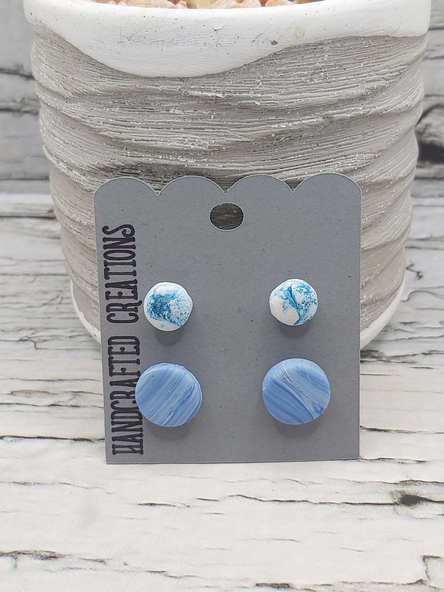 Polymer Clay Studs- Light Blue, White/Dark Teal Marble