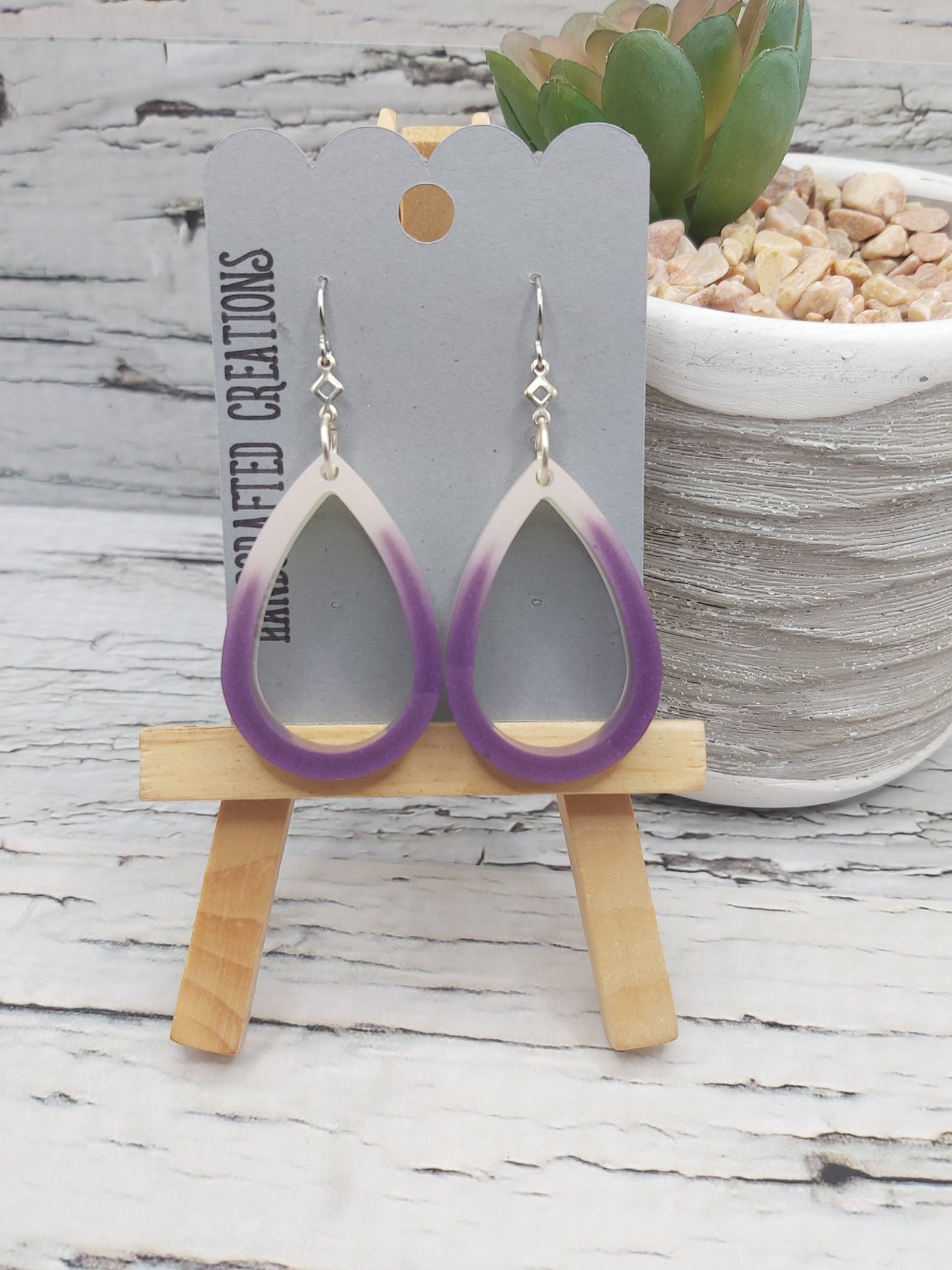 Teardrop Shaped Purple and White Resin Earrings