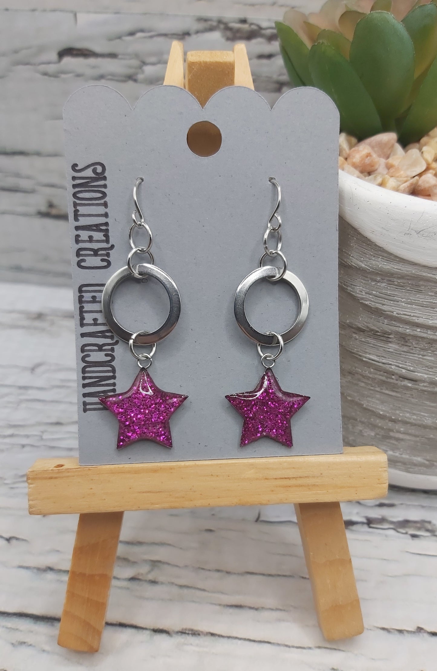 Small Hoop and Pink Star Dangle Earrings