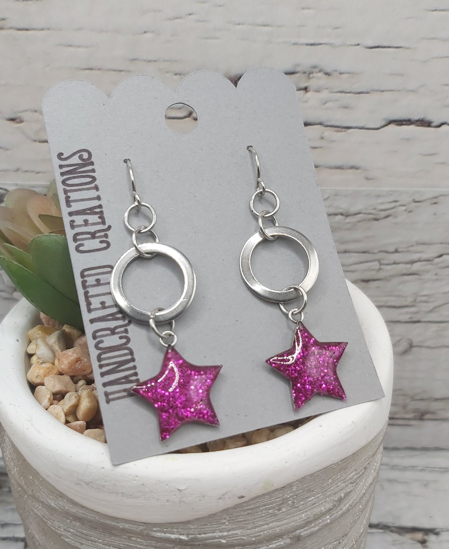 Small Hoop and Pink Star Dangle Earrings