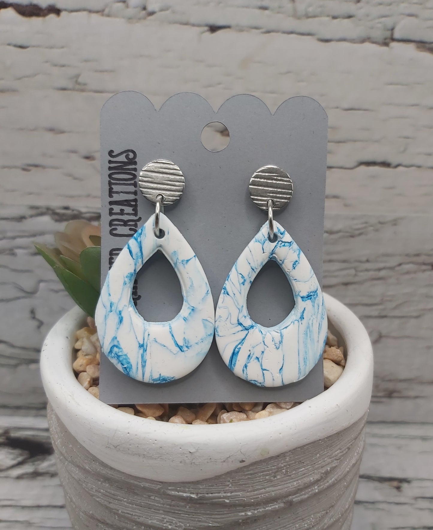 White and Teal Teardrop Polymer Clay Earrings