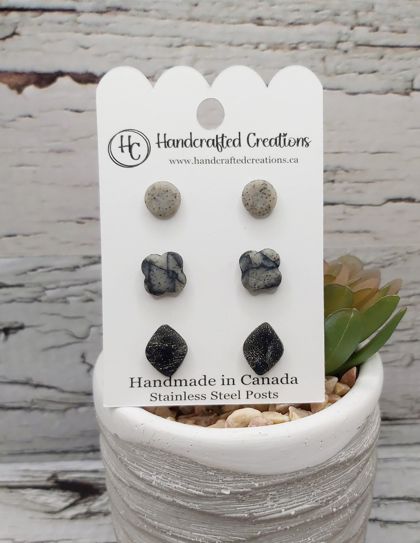 Black and Grey Polymer Clay Stud Trio with Stainless Steel Posts