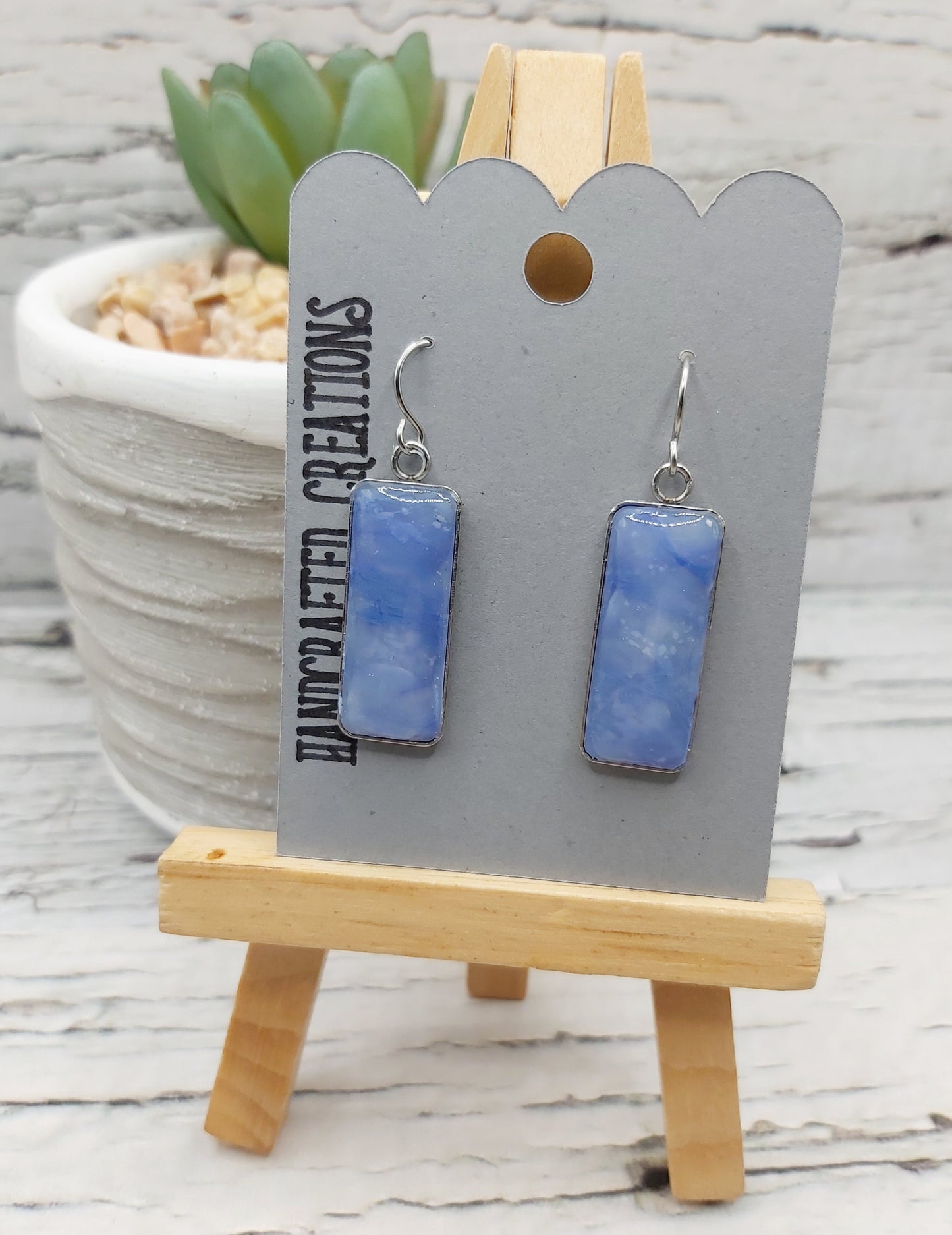 Rectangular Bezel Earrings With Blue Polymer Clay and Resin