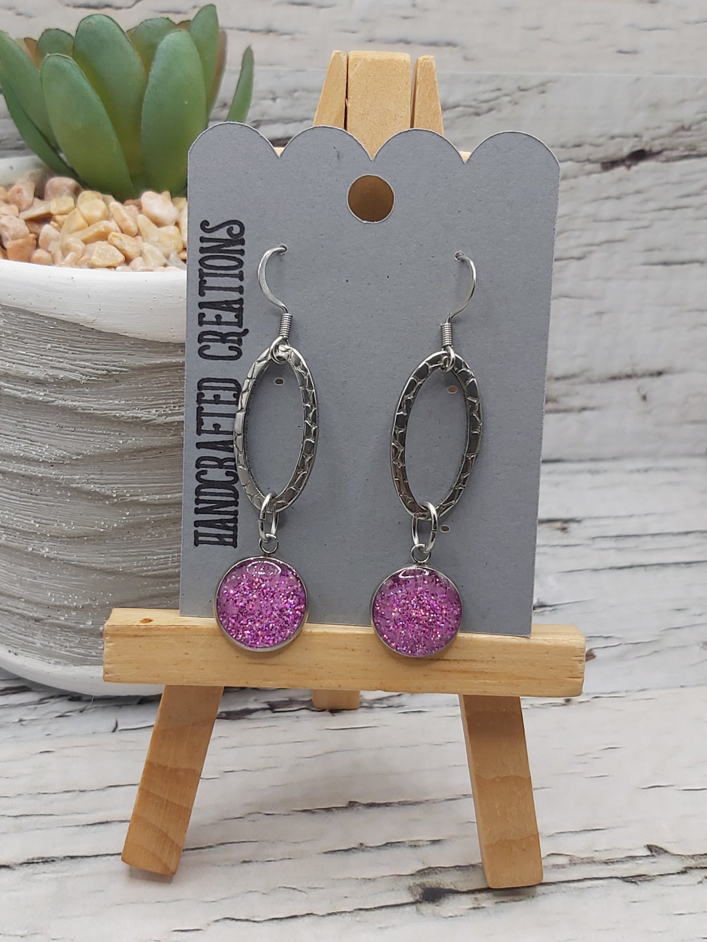 Textured Oval Hoop With Pink Dangle Earrings