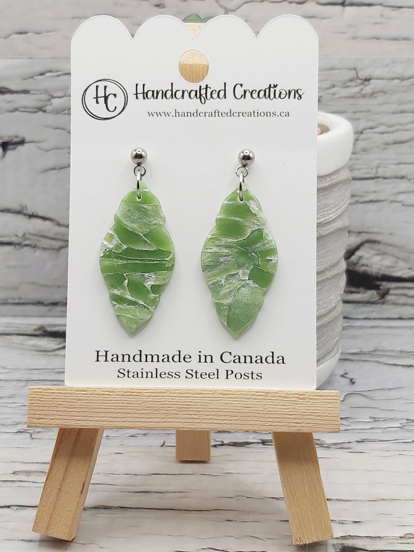 Green and White Marble Polymer Clay Earrings with Stainless Steel Posts