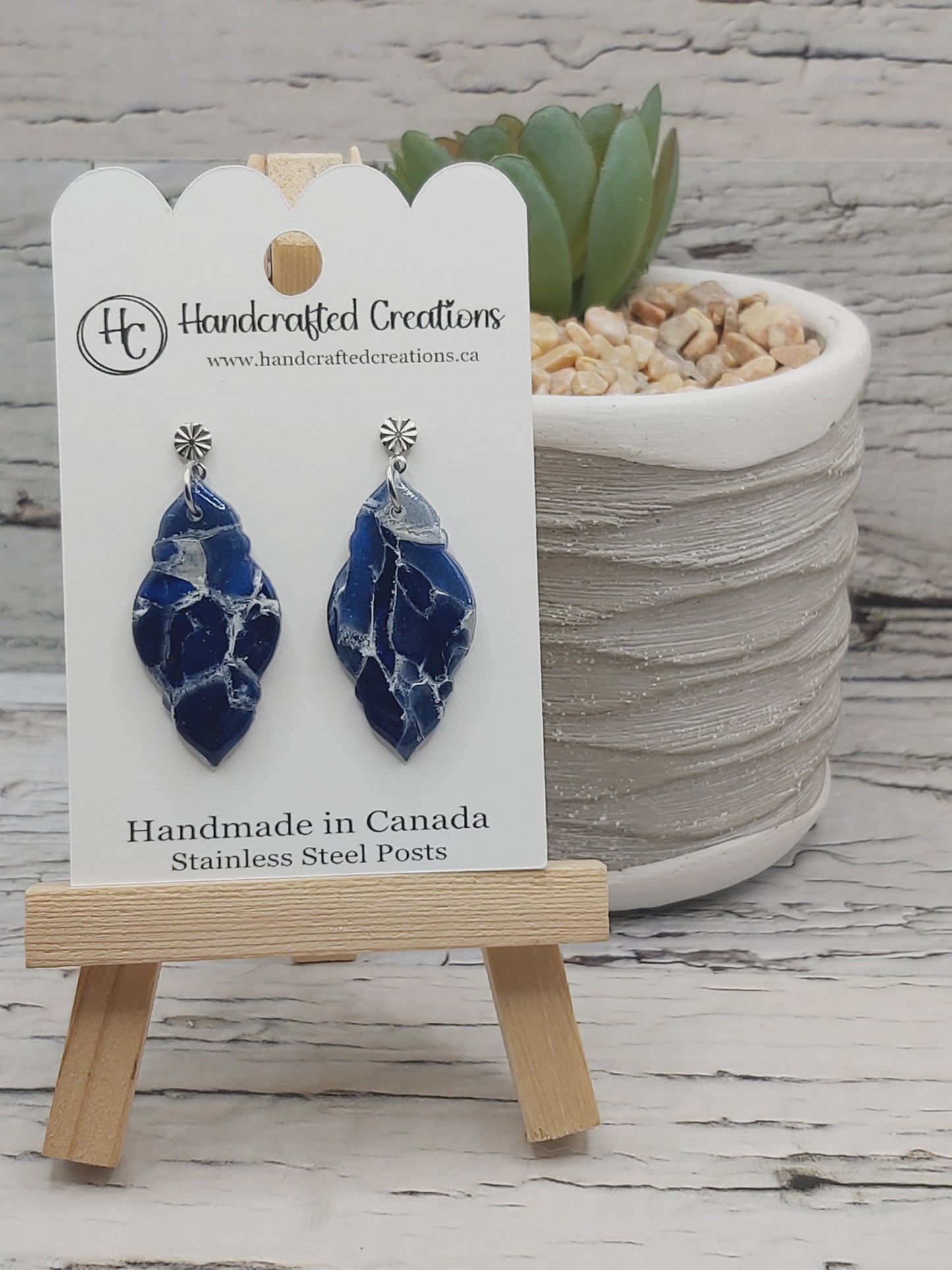 Blue and White Marble Polymer Clay Earrings With Stainless Steel Posts