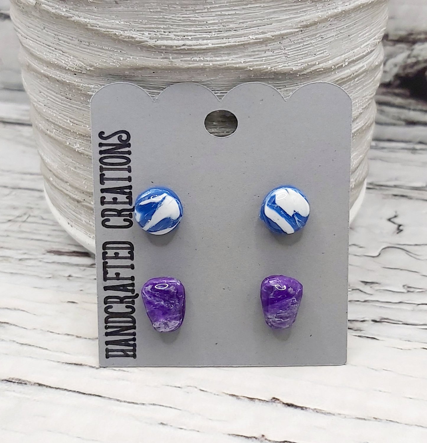 Resin Coated Polymer Clay Studs- Purple Marble and Blue and White Marble