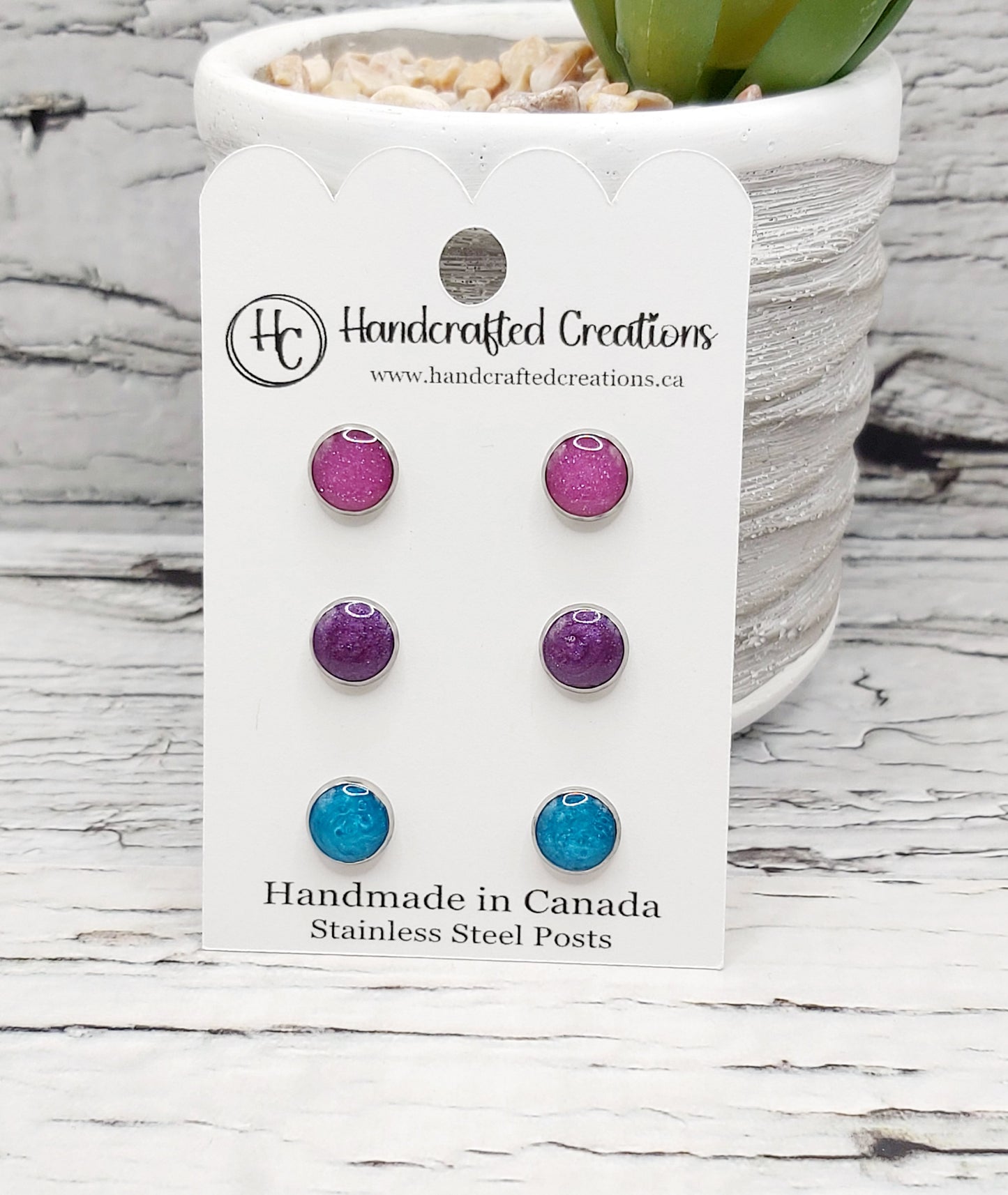 Resin and Stainless Steel Studs- Pink, Purple and Turquoise