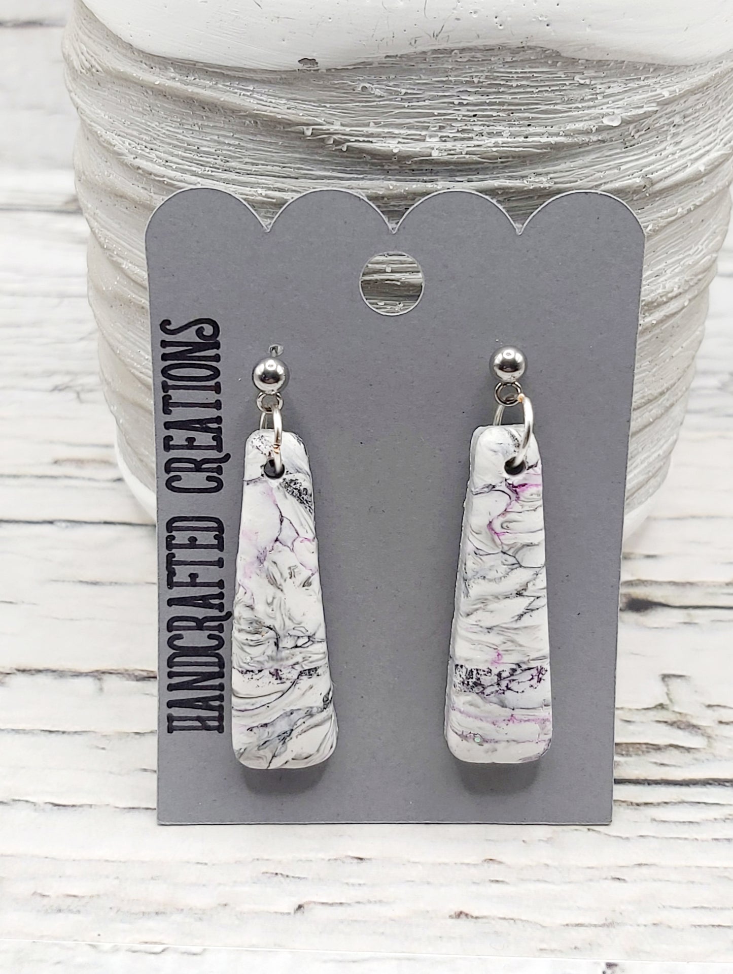Polymer Clay Dangle Earrings- White with Purple and Black Accents