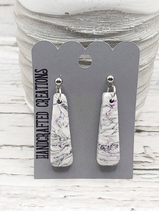 Polymer Clay Dangle Earrings- White with Purple and Black Accents