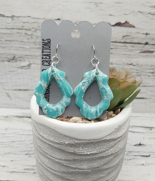 Polymer Clay Dangle Earrings- Aqua Green with White Accents and Silver Foil