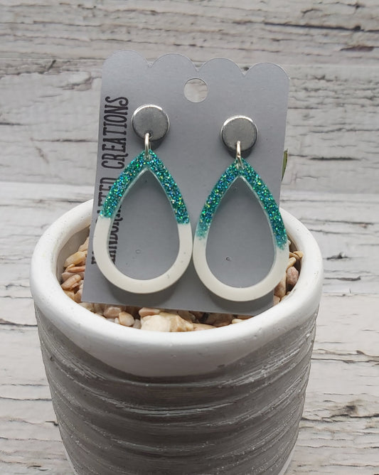 Resin Tear Drop Earrings-Turquoise Green Glitter and White