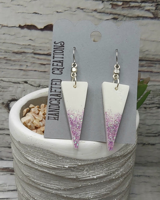Triangle Shaped Resin Earrings- White with Pinkish Purple Glitter