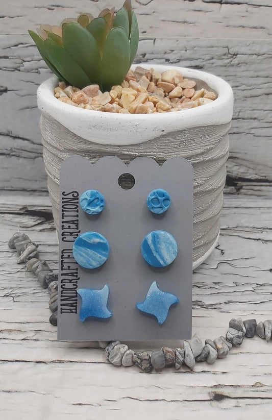 3 Pack Blue Studs- Resin and Polymer Clay