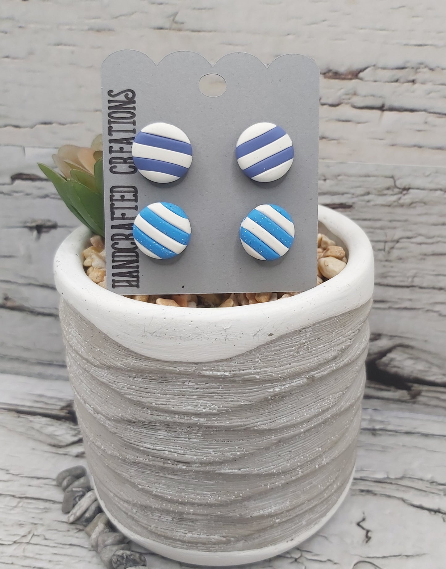 2 Pack Blue and White Striped Polymer Clay Earrings with Stainless Steel Posts