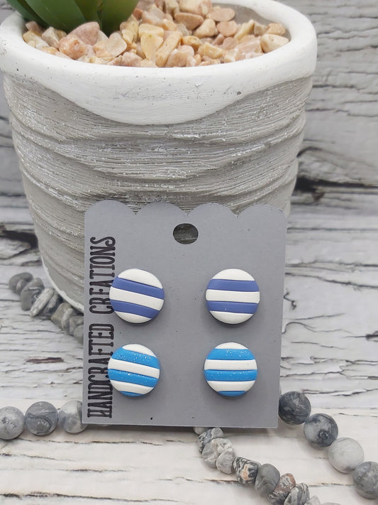 2 Pack Blue and White Striped Polymer Clay Earrings with Stainless Steel Posts