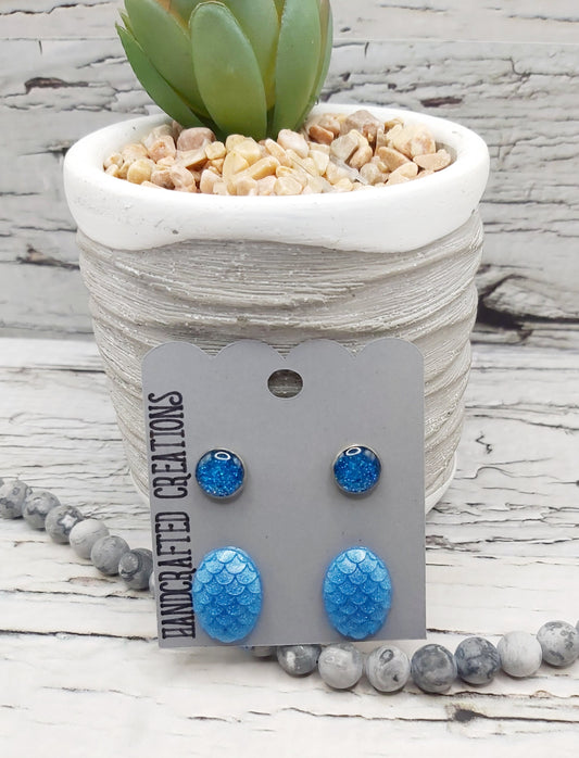 Blue Studs- Round Glitter and Oval Mermaid Scale