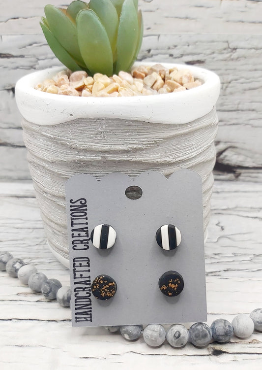 2 Pairs Polymer Clay Studs- Black and White Stripe, Black with Gold Foil Accents