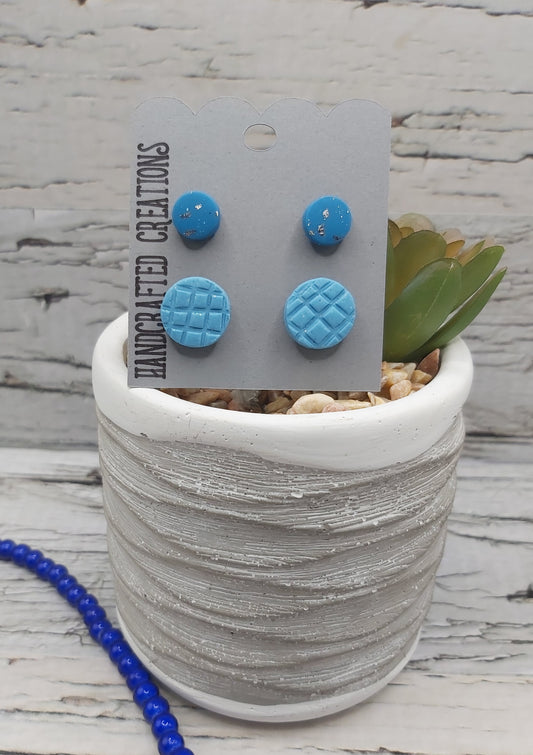 2 Pairs Polymer Clay Studs- Blue with Silver Foil Accents and Solid Blue Textured