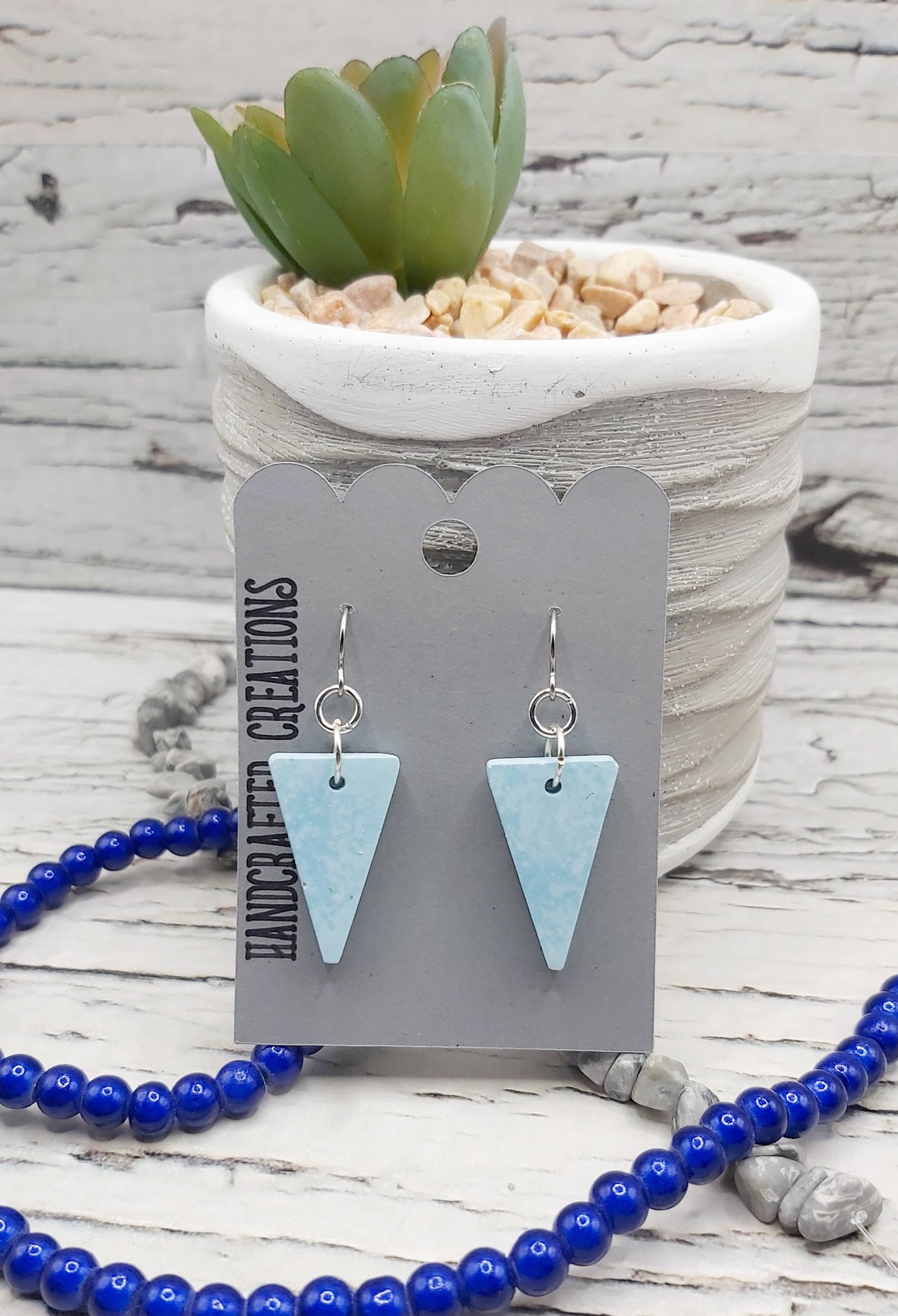 Greenish Blue and White Ceramic Resin Triangle Earrings