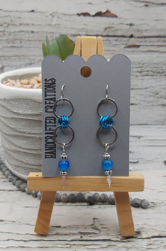 Double Hoop and Blue Bead Dangle Earrings