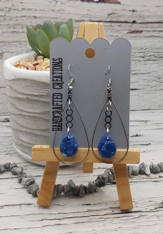 Stainless Steel Teardrop with Blue Polymer Clay Dangle Earrings