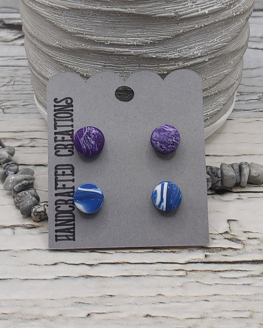 2 Pairs Polymer Clay Studs- Purple Marble and Blue and White Marble