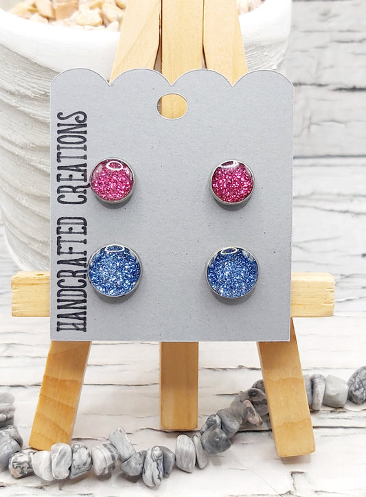 Glitter and Resin Studs- Pink and Blue