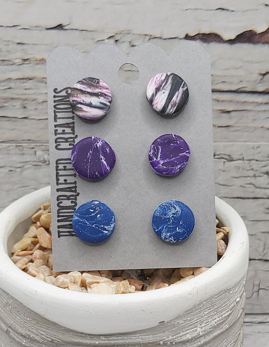 3 Pack Polymer Clay Studs- Pink, Purple and Blue