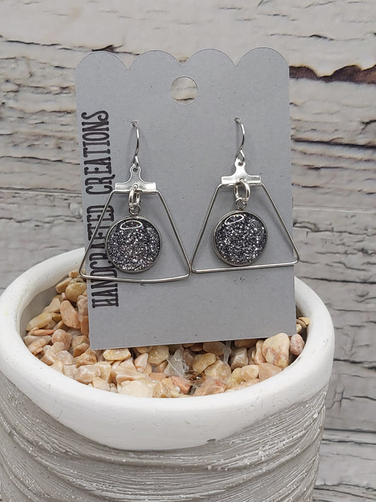 Stainless Steel Frame With Gunmetal Glitter Dangle Earrings