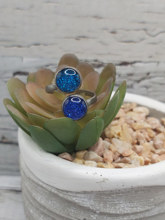Stainless Steel Ring- Size 6.5 Double Bezel With Blue Glitter and Resin