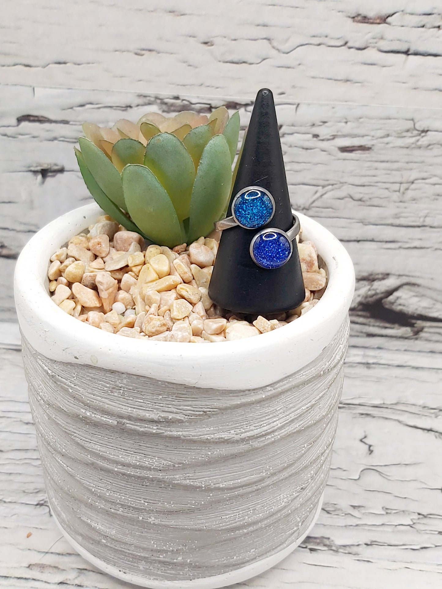Stainless Steel Ring- Size 6.5 Double Bezel With Blue Glitter and Resin