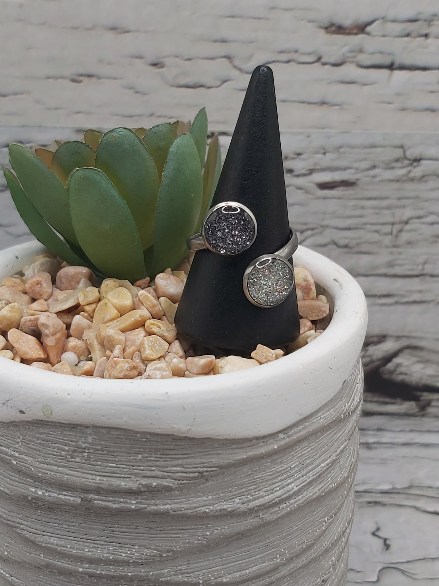 Stainless Steel Ring- Size 8 Double Bezel With Grey/Silver Glitter and Resin