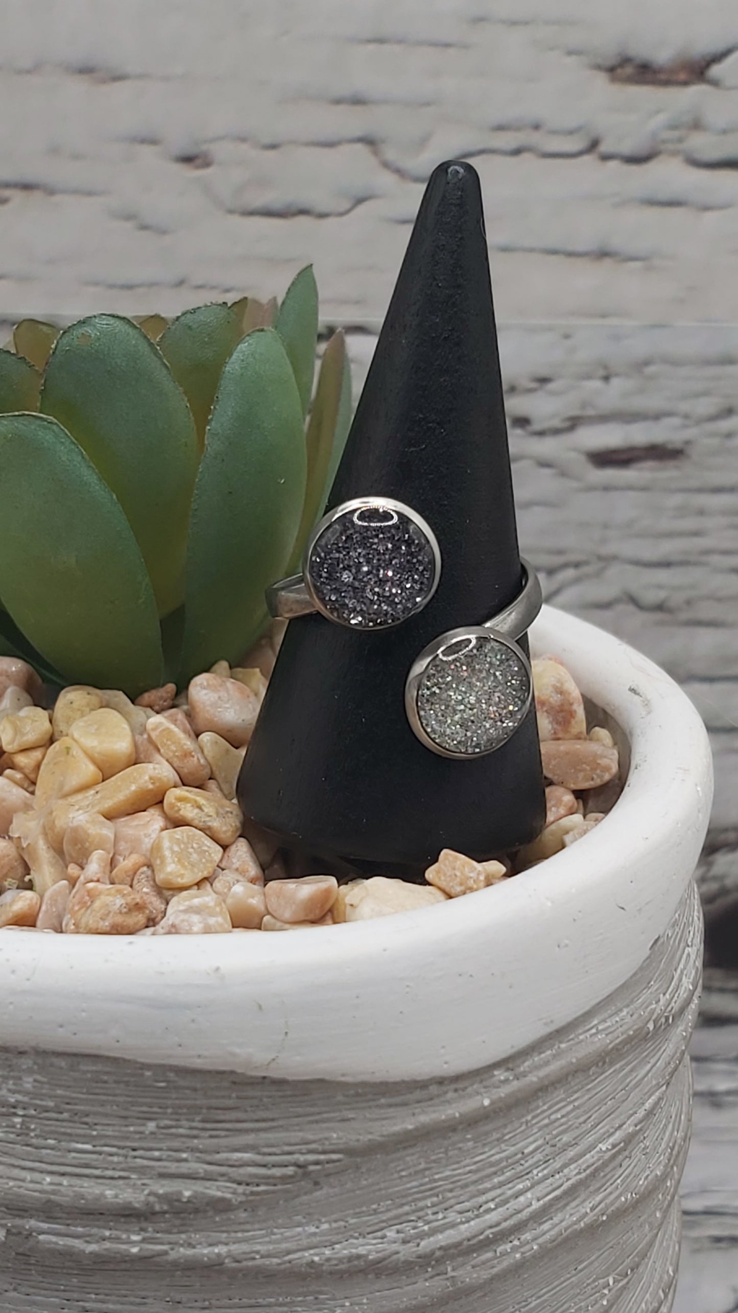 Stainless Steel Ring- Size 8 Double Bezel With Grey/Silver Glitter and Resin
