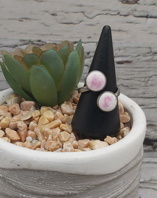 Stainless Steel Ring- Size 7 Double Bezel With Pink/White Ceramic Resin